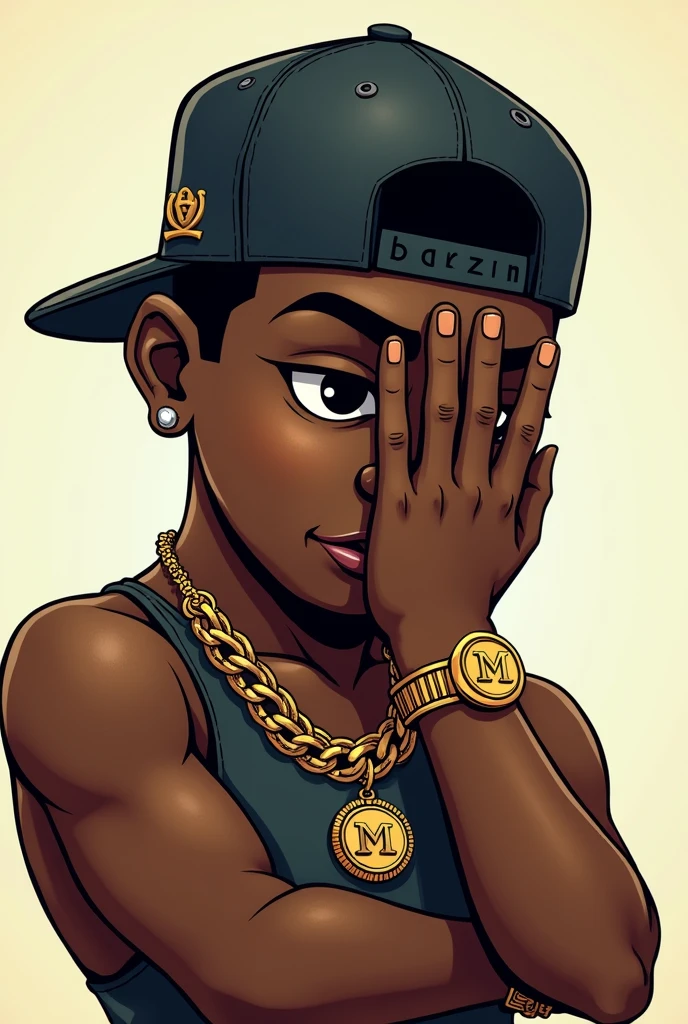 Black cartoon man with cap and jewelry covering his face with his hand 