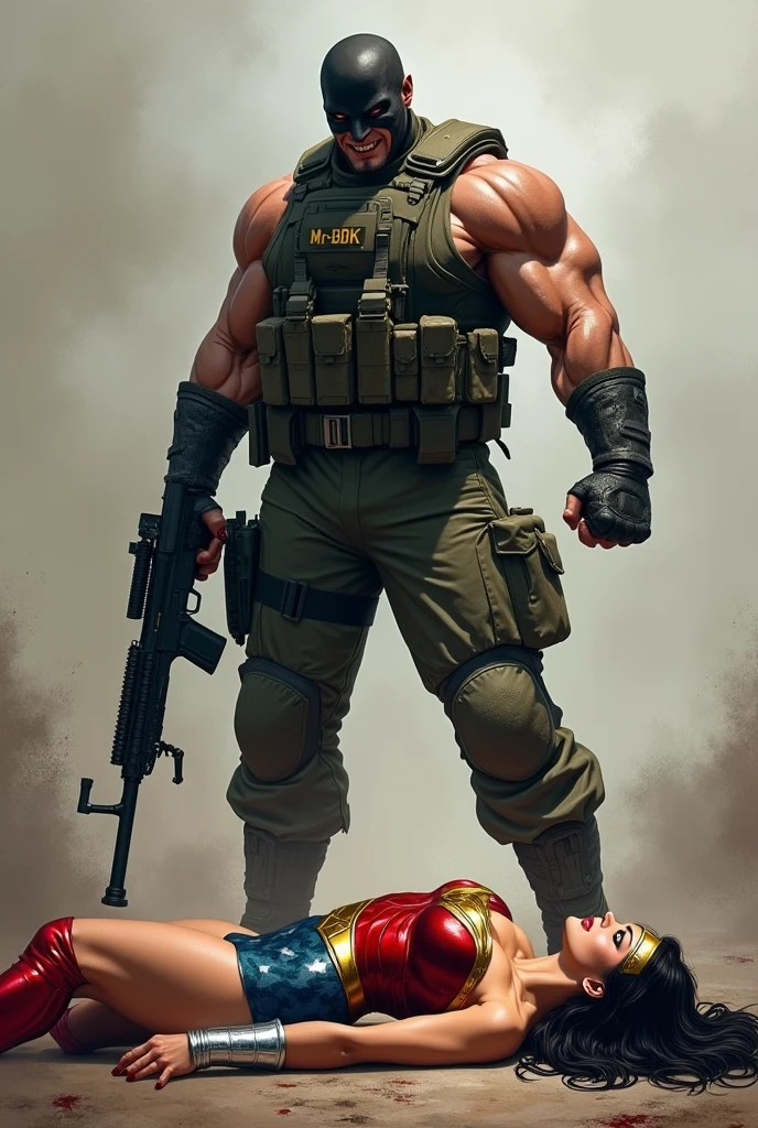 Muscular army man,holding a AWM sniper gun,angry face,mask on ,with the name Mr-BDK on chest batch,wearing army grass costume. Standing over a toned athlete, muscular, blue eyes, black hair Wonder Woman in Wonder Woman's tiara, red and gold bus ((silverwrist bracelets:1.2)), ((Red knee high boots:1.2)), golden belt with athletic and muscular body laying on the ground unconscious covered in blood with tattered costumes. (perfect anatomy), (masterpiece:1.2), (best quality:1.2), intricate details, Muted Tone, Delicate, Detail, sharp focus, perfect hands, perfect face, perfect eyes, perfect light, dynamic light, natural lightcheering in the battle ground ,green, black,white painting on his face