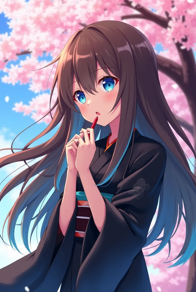 Create a Kimetsu no Yaiba style image of the same type of drawing, of a girl with brown hair, long and blue tips with sakura tree background, amazed to learn something, She had a black kimono with cloud details and her eyes were blue. She was painting her lips with lipstick. 