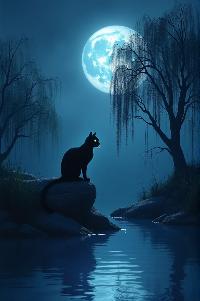 Full moon at night,Next to a small lake,A cat sitting on a stone,A willow tree next to it,Willow branches blown by the wind