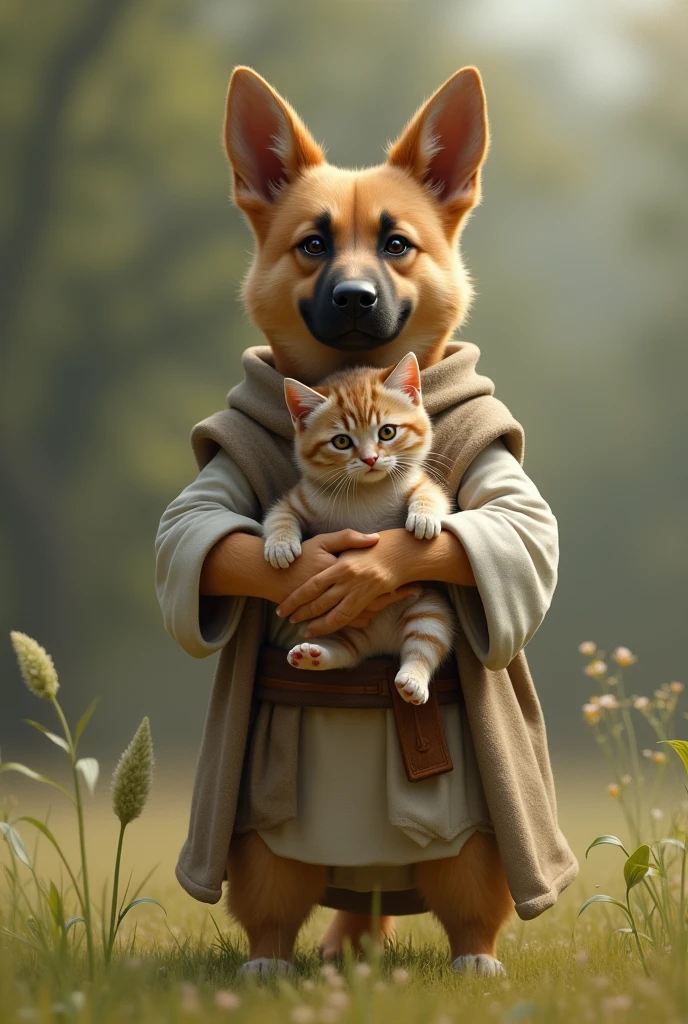 "A pastor german dog that looks like a human is carrying a baby cat. Shoot just waist up