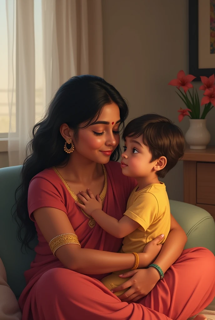 An Indian mother is very cute sitting with her son on her lap