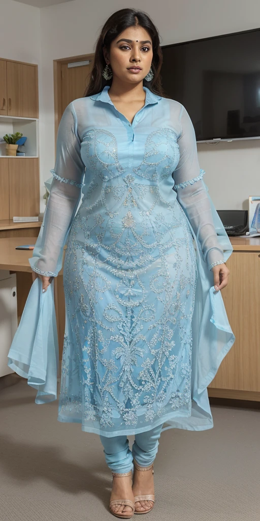 Day scene, A radiant, full-figured South Indian 3 aunty a light blue colour chiffon fully transparent kurta, bra visible through kurta, ,standing, in a office captured in a full-body image with vibrant hues and meticulous details. Full body image