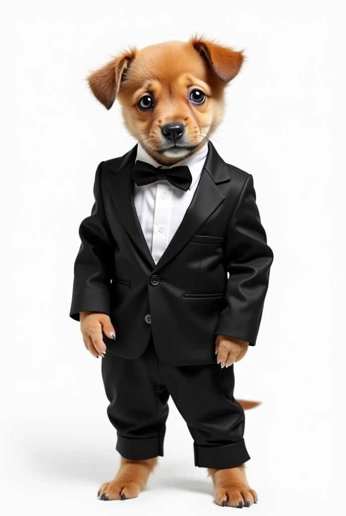 puppy in black tuxedo and black pants on white background