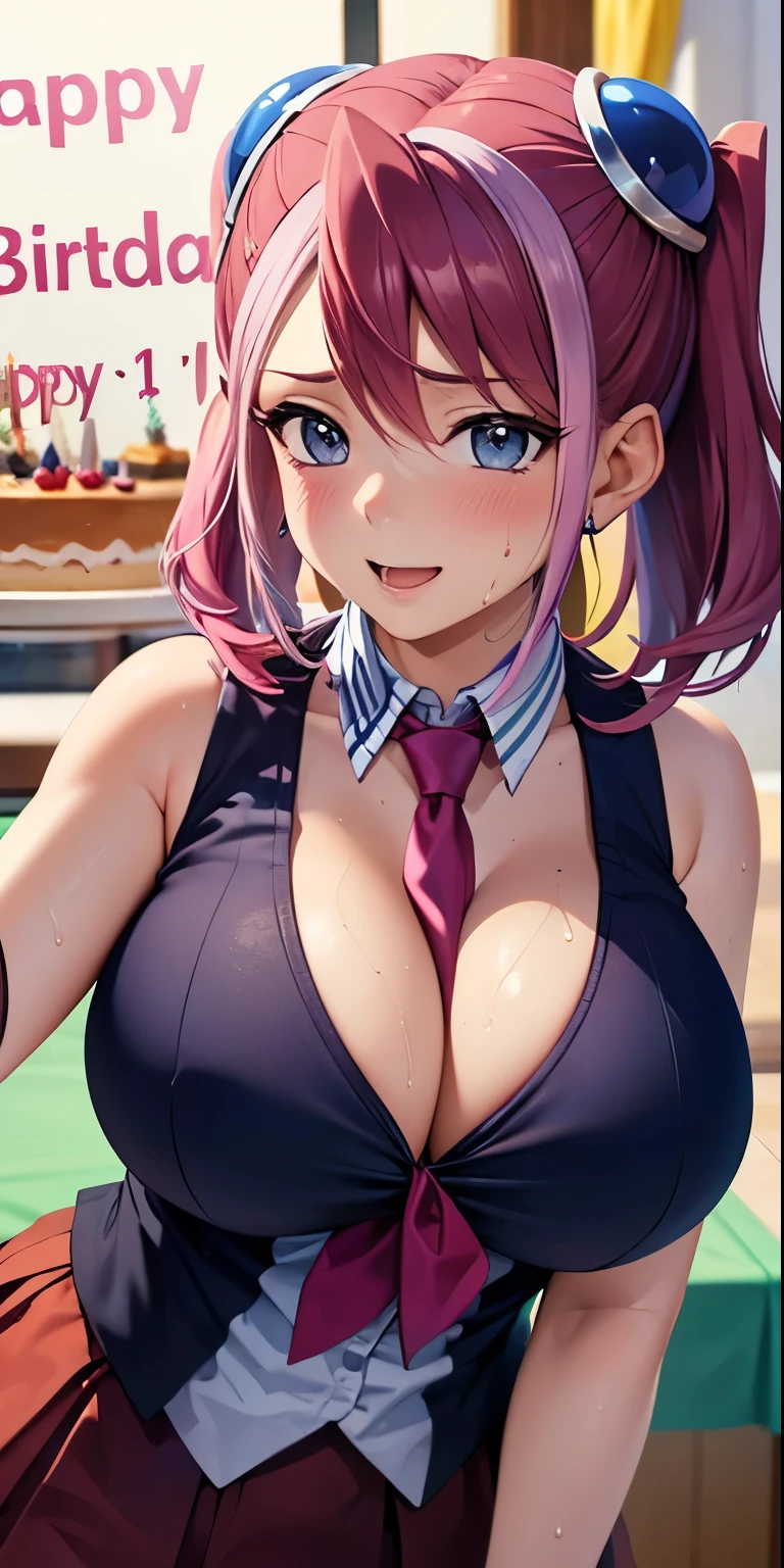 1 Female,High definition,high resolution,Ultra-realistic,8K, hy1, hair ornament, multicolored hair, necktie, skirt, sleeveless, school uniform, pink skirt, tight skirt,miniskirt, jewelry,European,sexy,Upper body close-up,Photographed from the front,Dynamic Angles,blush, medium tits , happy, wink the eye,facial, sweat,multicolored hair ,(holding a big birthday cake),(show cake),(happy birthday message),(cleavage)