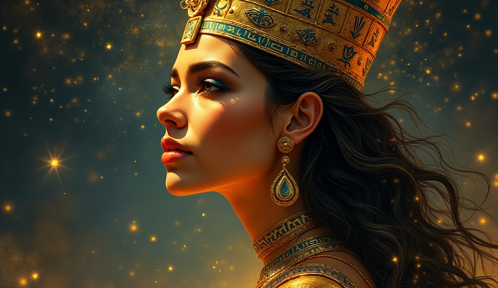 A celestial Egyptian queen, her visage portraying timeless elegance amidst a backdrop of celestial brilliance. Her skin glistens like burnished gold under the twinkling starlight, adorned with intricate hieroglyphic tattoos. Her eyes, pools of obsidian, hold the secrets of the cosmos. This mesmerizing portrait, painted with intricate detail and vibrant colors, captures the essence of regal beauty and cosmic interconnectedness.