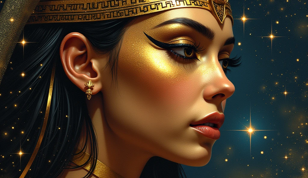 A celestial Egyptian queen, her visage portraying timeless elegance amidst a backdrop of celestial brilliance. Her skin glistens like burnished gold under the twinkling starlight, adorned with intricate hieroglyphic tattoos. Her eyes, pools of obsidian, hold the secrets of the cosmos. This mesmerizing portrait, painted with intricate detail and vibrant colors, captures the essence of regal beauty and cosmic interconnectedness.