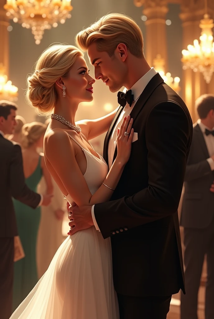 a pale blonde woman with light blue eyes with a handsome blonde man with a fit body, The two are dancing at a fancy party, the two look into each other's eyes, She is wearing a white dress
