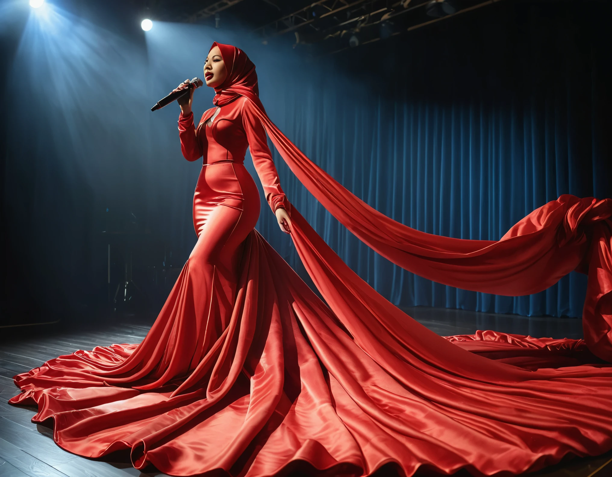 A woman shrouded in a 8-meter-long, plush red satin cloth, tightly bound and grandly draping along the form of her body, flowing off into a pooled floor-length train, styled in a mermaid-inspired outfit with very long train outfit, her head modestly veiled in a satin hijab, tall woman, walk on stage, sing in front of a microphone stand, a full-body pose conveying a sense of mysterious elegance, captured in a 4k resolution, ultra-realistic