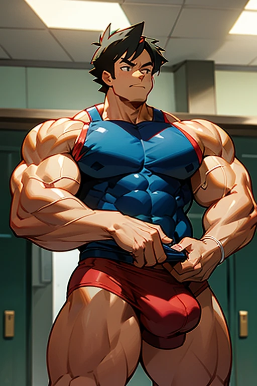 Ash Ketchum from Pokémon anime as a big dumb muscular bodybuilder jock in a locker room standing with slumped shoulders in line for inspection with other equally muscular bodybuilder jocks and staring blankly as his eyes glow red under hypnosis as he repeats, "Bigger... Dumber.... Must obey.... More like a jock bro every day.... Yes, Coach. I obey. Huhuhuhuh...." in a deep mindless monotone with his fellow hypnotized jocks to forget about Pokémon training and focus instead on training his own body and obeying his coach. Mouth dropped open. Hyper swollen bulging crotch. Hyper muscles. Toned muscles. 5% body fat. Big biceps. Big triceps. Broad shoulders. Big traps. Big lats. Big meaty pecs. Massive deltoids. Six-pack abs. Spherical glutes. Brainwashing. Hypnosis. Hypnotized. Bro. IQ drain. Dumber and dumber. Meathead. Musclehead. Mindless. Hypno. Mind control. Brain drain. Entranced.