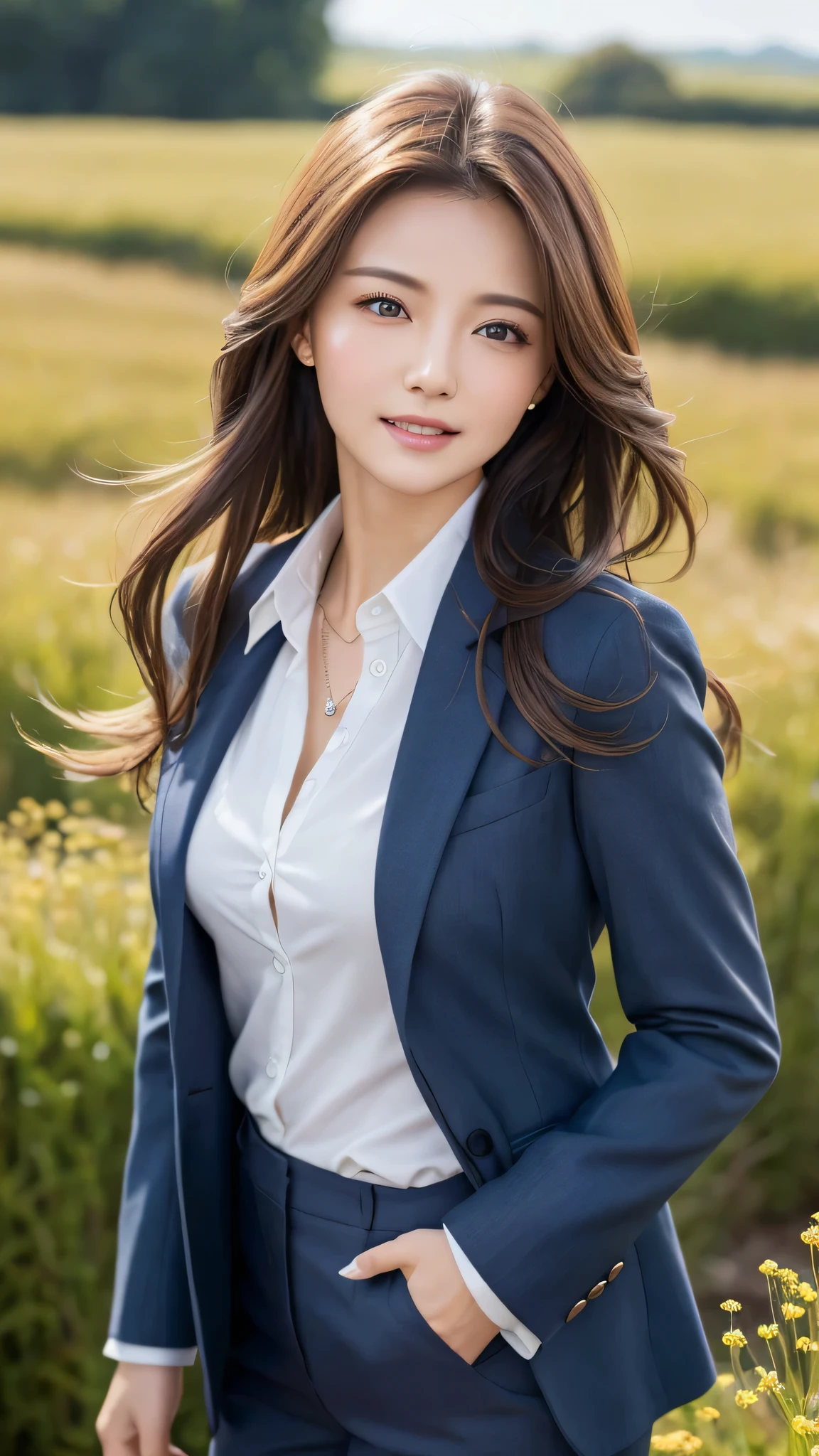 highest quality、genuine、Super detailed、finely、High resolution、8k wallpaper、one beautiful woman、、、light brown disheveled hair、wearing a business suit、sharp focus、perfect dynamic composition、beautiful and detailed eyes、thin hair、Detailed genuine skin texture、smile、model body shape、In a windswept meadow