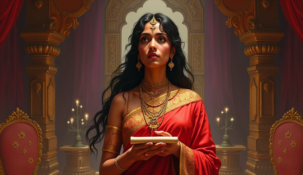 - Show Gandhari in a richly decorated chamber, holding a scroll with a shocked expression. She wears a red sari with golden embroidery, and her eyes are wide open, reflecting her surprise. The room should be filled with warm colors—reds, golds, and purples—with ornate furniture and decorations, showcasing her royal status. Add a thought bubble above Gandhari's head with an image of Dhritarashtra’s face, but shadowed to hint at the secret of his blindness.