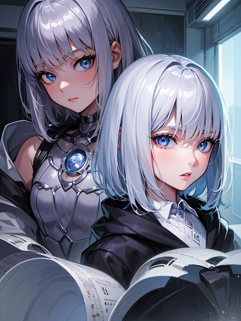 ((perfect anatomy:1.3,masterpiece、highest quality、Ultra - High resolution、High resolution、Highly detailed)), 1girl, Silver hair, short hair, light blue eyes, 17_years_old_beautiful_girl, Japanese, drawn in the style of Japanese anime, cartoon rendering, illustration,2D,