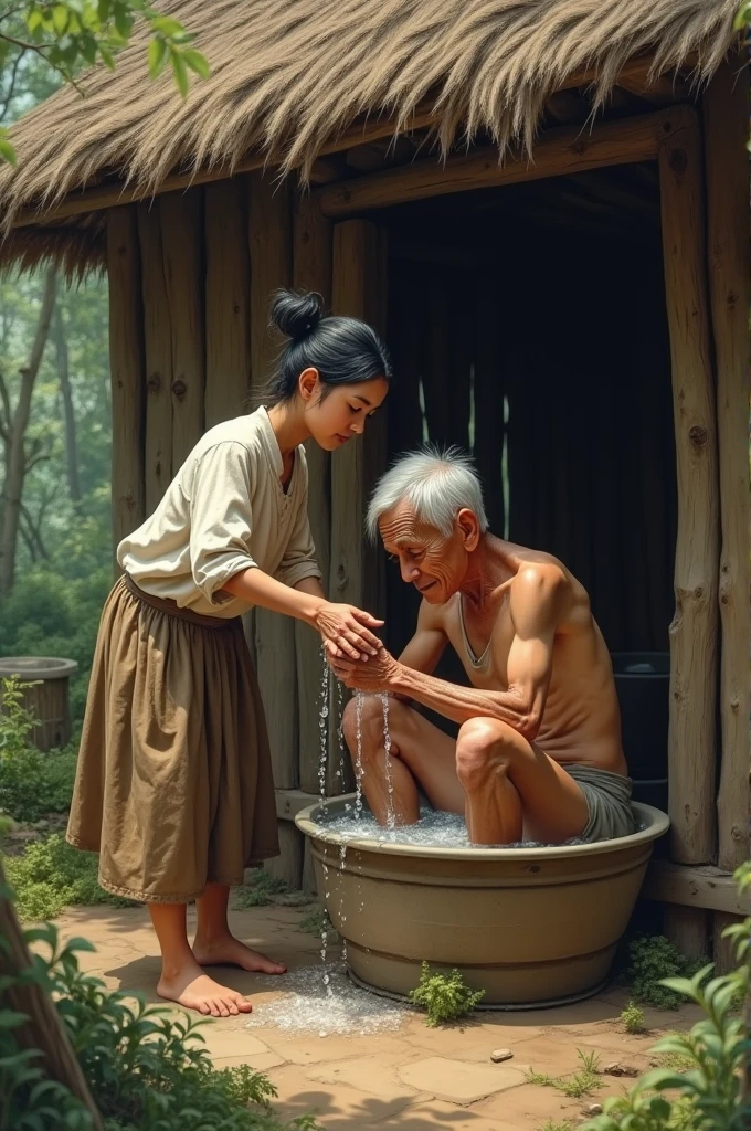 Daughter taking bath her old father  infront of the hut