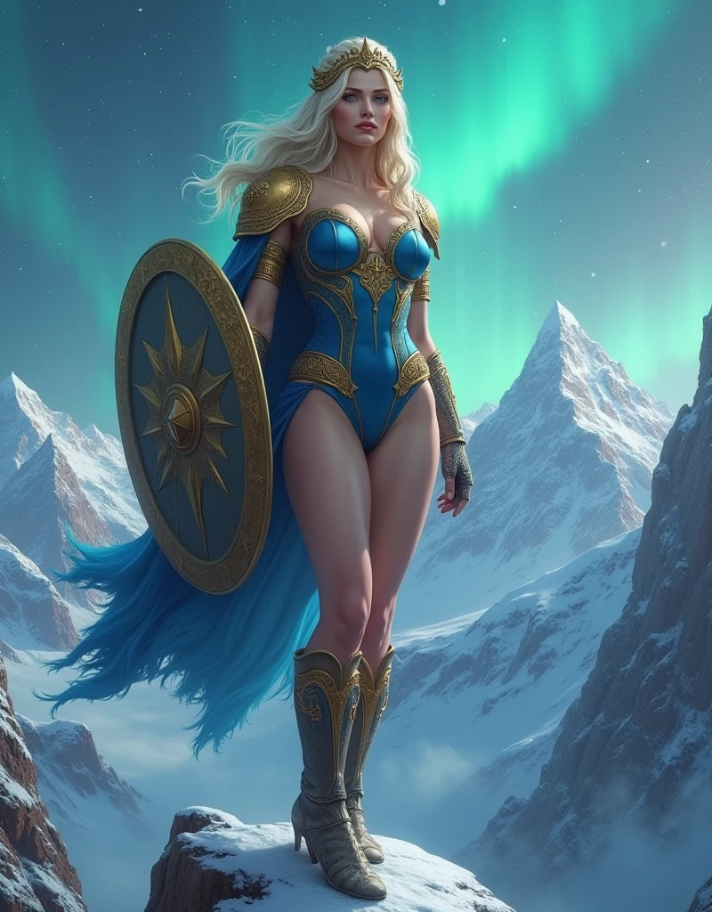 BOMBSHELL BLONDE WOMAN, WARRIOR FEMALE, VERY PALE SKIN, SKIN BLUE EYES, HIGH CHEEKBONES, ROSY CHEEKS, MENTAL FORAMEN, GOLD TIARA, HUGE LONG HAIR, DOUBLE BRAID HAIR, VOLUMOUS HAIR, BLUE AND GOLD LEOTARD ARMOUR, BLUE AND GOLD ARMOUR, GOLD GAUNTLETS, STRONG CURVY BODY, MUSCLES, GORGEOUS EXPOSED THIGHS, DETAILED QUADRICEPS, MUSCLES, GOLD FLAT BOOTS, STAND UP ON A HIGH MOUNTAINS ROCK, SHIELD , SIDE BODY VIEW, NORTHERN LIGHTS, NORTH POLE, SNOW, HIGH MOUNTAINS, SNOWING, NIGHT SKY, ACCURATE IMAGE, MASTERPIECE.