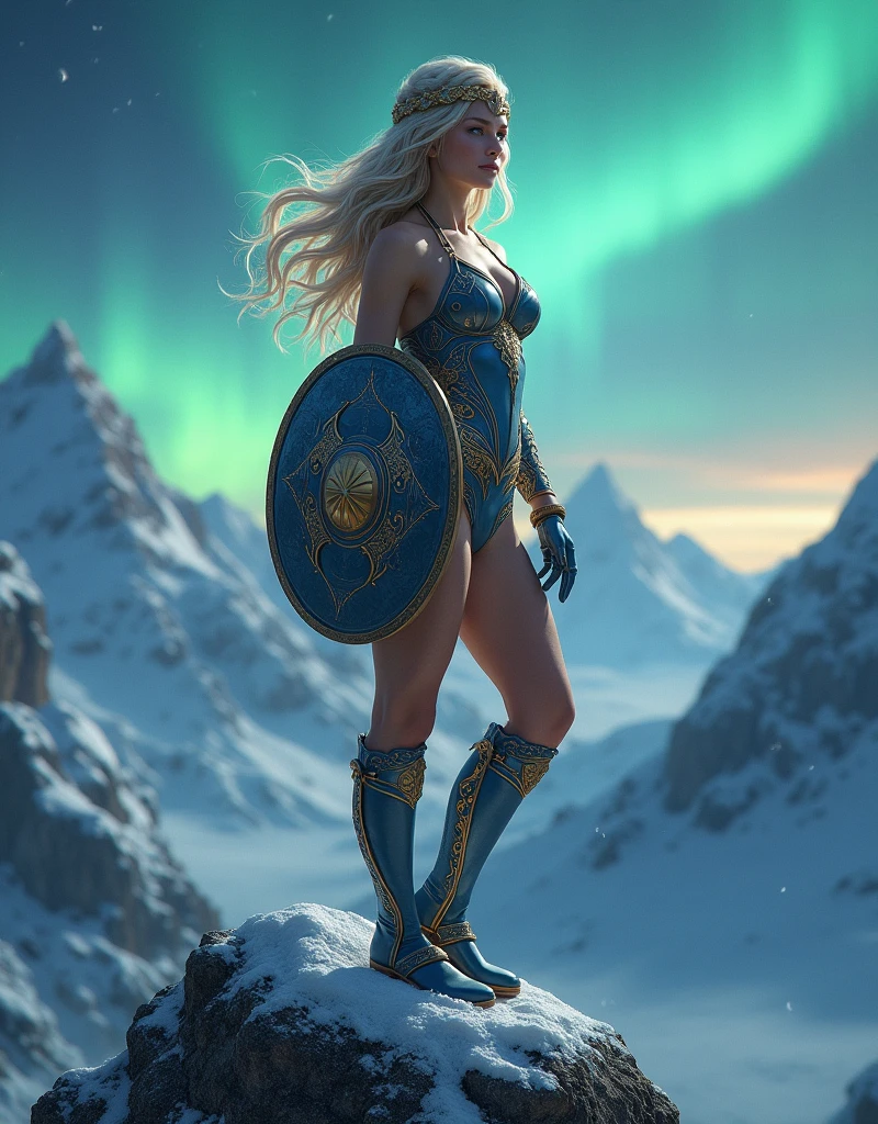 BOMBSHELL BLONDE WOMAN, WARRIOR FEMALE, VERY PALE SKIN, SKIN BLUE EYES, HIGH CHEEKBONES, ROSY CHEEKS, MENTAL FORAMEN, GOLD TIARA, HUGE LONG HAIR, DOUBLE BRAID HAIR, VOLUMOUS HAIR, BLUE AND GOLD LEOTARD ARMOUR, BLUE AND GOLD ARMOUR, GOLD GAUNTLETS, STRONG CURVY BODY, MUSCLES, GORGEOUS EXPOSED THIGHS, DETAILED QUADRICEPS, MUSCLES, GOLD FLAT BOOTS, STAND UP ON A HIGH MOUNTAINS ROCK, SHIELD , SIDE BODY VIEW, NORTHERN LIGHTS, NORTH POLE, SNOW, HIGH MOUNTAINS, SNOWING, NIGHT SKY, ACCURATE IMAGE, MASTERPIECE.