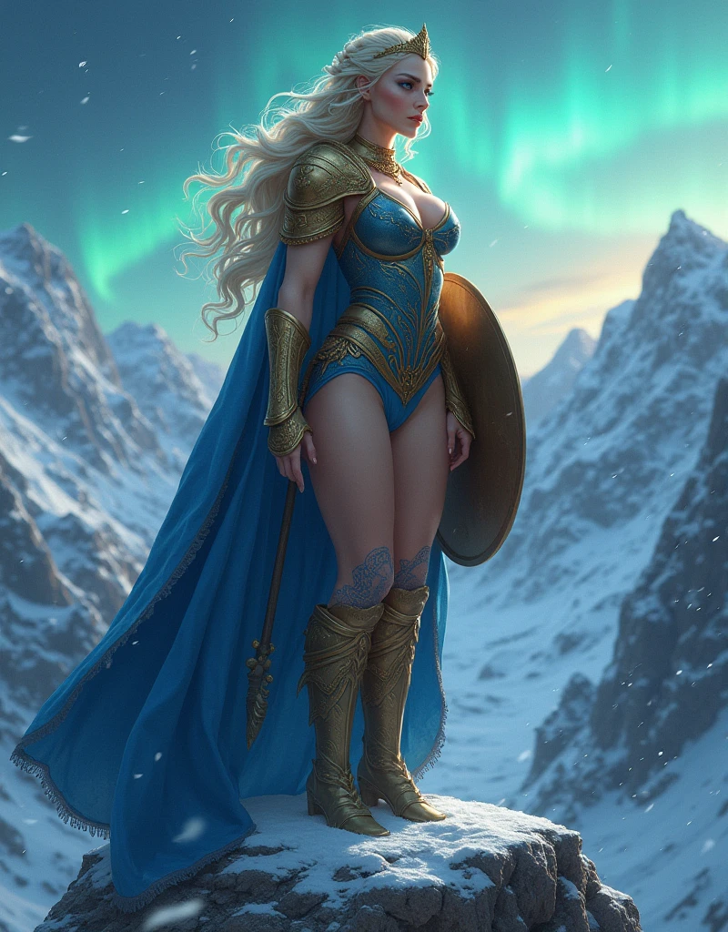 BOMBSHELL BLONDE WOMAN, WARRIOR FEMALE, VERY PALE SKIN, SKIN BLUE EYES, HIGH CHEEKBONES, ROSY CHEEKS, MENTAL FORAMEN, GOLD TIARA, HUGE LONG HAIR, DOUBLE BRAID HAIR, VOLUMOUS HAIR, BLUE AND GOLD LEOTARD ARMOUR, BLUE AND GOLD ARMOUR, GOLD GAUNTLETS, STRONG CURVY BODY, MUSCLES, GORGEOUS EXPOSED THIGHS, DETAILED QUADRICEPS, MUSCLES, GOLD FLAT BOOTS, STAND UP ON A HIGH MOUNTAINS ROCK, SHIELD , SIDE BODY VIEW, NORTHERN LIGHTS, NORTH POLE, SNOW, HIGH MOUNTAINS, SNOWING, NIGHT SKY, ACCURATE IMAGE, MASTERPIECE.