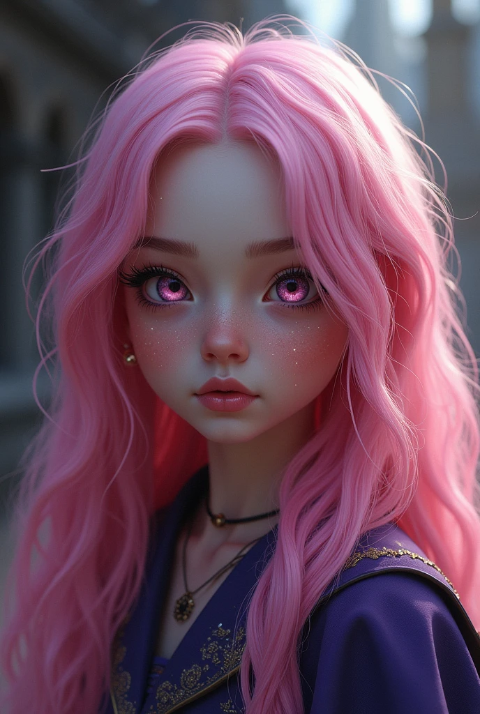  girl,long bubblegum pink hair,pink eyes, parts, full lips,big eyes long eyelashes, aspect , Ravenclaw, hogwart