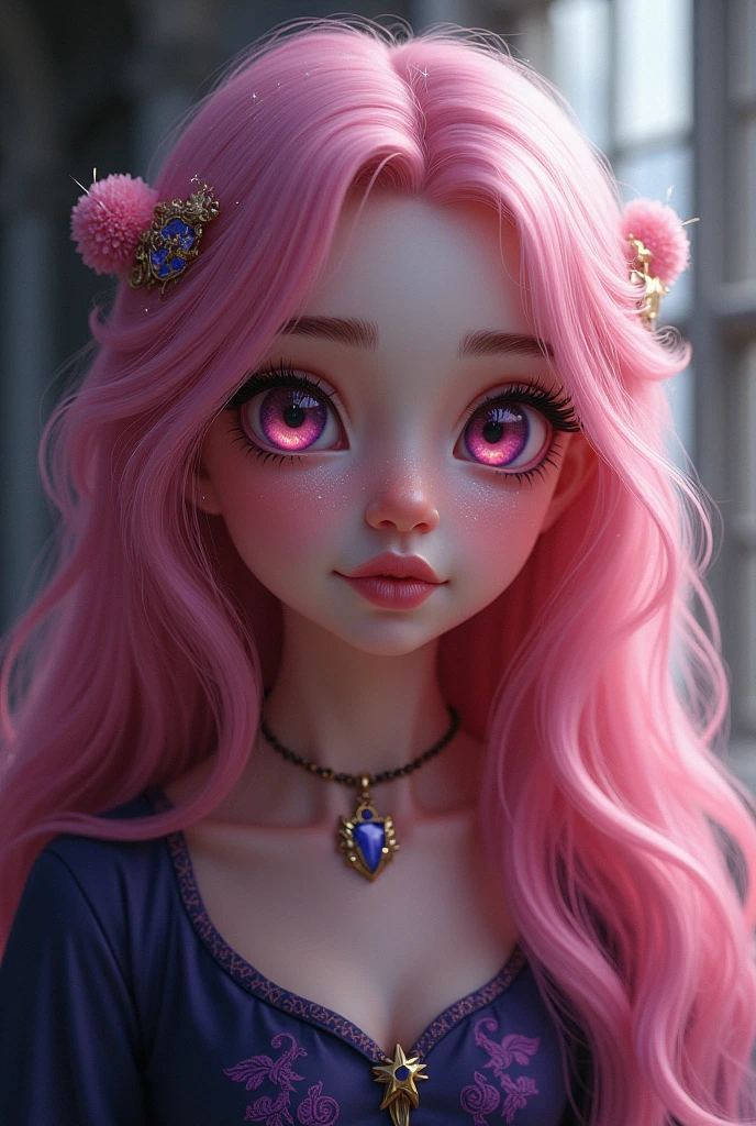  girl,long bubblegum pink hair,pink eyes, parts, full lips,big eyes long eyelashes, aspect , Ravenclaw, hogwart