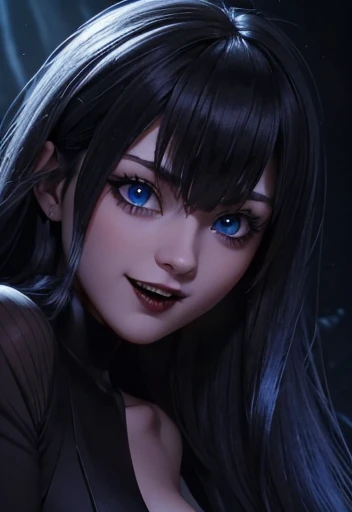 Close-up of a vampire, blue eyes, voluminous lips ,long fangs teeths , in its natural and wild environment,