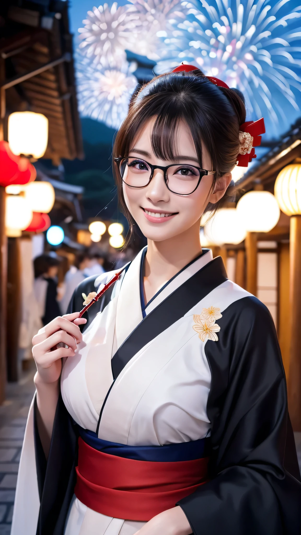 (Super beautiful woman in kimono)、((highest quality、8K masterpiece:1.3))、sharp focus:1.2、(super beautiful face:1.0)、(shiny skin:1.0)、realistic pictures、black hair、video lighting、High resolution eyes and face、video lighting、japanese actress、from the front、big breasts、with a happy smile、Slender abs beauty、whole body、wearing a kimono、in Kyoto、(((luxury obi)))、In Kyoto at night、wearing glasses with no edge、with a fan、Fireworks Display