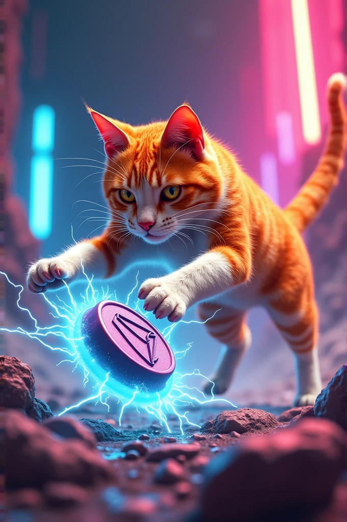 Suya cat it's colour is orange and white is fighting with tron coin 