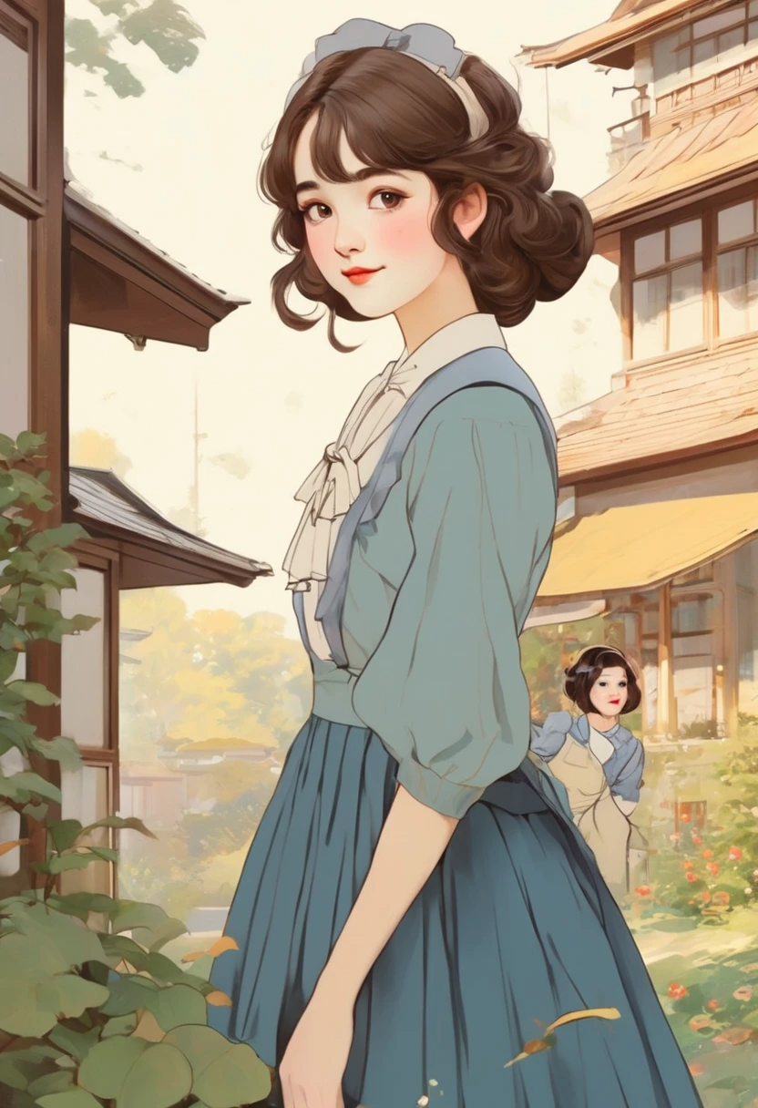 modern remake of nostalgic 2D illustrations from around 1900, cute teen, portrait style, nijistyle