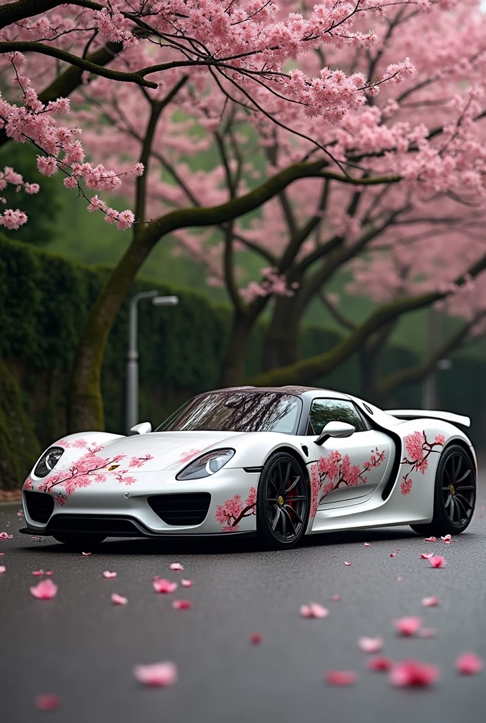 white porsche 918 spyder with cherry blossom design on the side