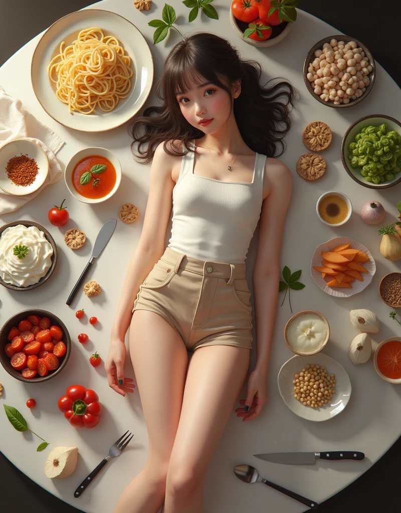 Masterpiece, best quality, beauty and aesthetics,(realistic:1.hotorealistic,ultra skin,{skirt|bodysuit,long jeans},Clear and bright eyes,1girl,minigirl,slim body,smile,small breasts,slim legs,flat chests,correct anatomy,many plate,dynamic pose,A girl {lying|staning|sitting|kneeling} in a {plate|bowl}, od|noodles| cream| fruits| vegetables|nuts| soup), full body,a large table,knife, fork,shot from {above|front},wide-angle photography,realistic,realhands