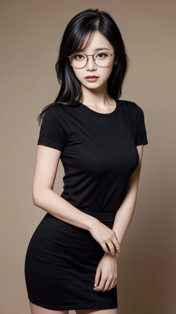 (Highest quality:1.5), (Real:1.4), (Ultra high definition:1.4), (No correction:1.4), (skinny Japanese woman with average size breasts standing front plain background in studio), (A woman wearing black-rimmed glasses), (Very small eyes), (breasts of average size), (Bangs that hide eyebrows), (Long black hair), (Dark personality expression), (Black T-shirt), (Black long skirt), (black hair woman is standing with black T-shirt and black long skirt front plain background in studio), (woman viewed from the front), (Plain background), (Cowboy Shot), (Cold expression), (upright), (A woman with long black hair and glasses)