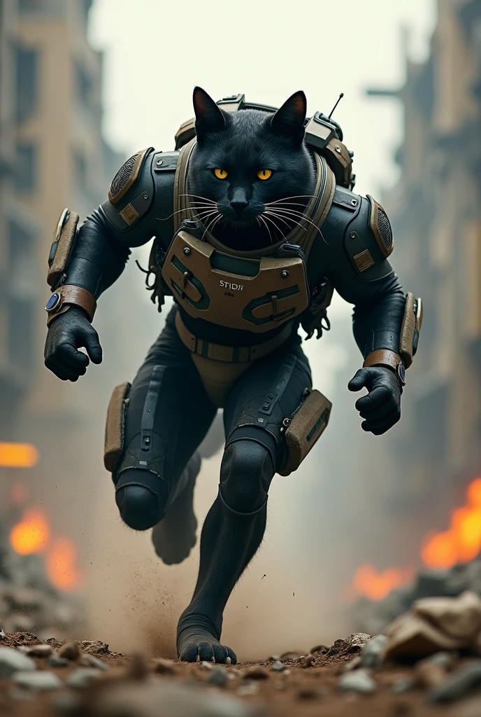 black cat with human body wearing high tech military gear charging fire, warzone, velocity, high speed, high definition image
