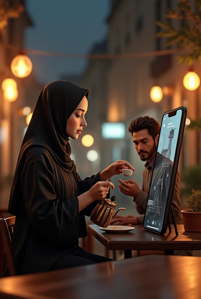 A realistic islamic hijab woman is in a smartphone in 3D and she is holding and serving coffee from a kettle to a man who is outside the phone sitting, night cafe background, realistic, 3D, 4K, professional