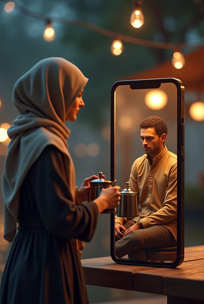 A realistic islamic hijab woman is in a smartphone in 3D and she is holding and serving coffee from a kettle to a man who is outside the phone sitting, night cafe background, realistic, 3D, 4K, professional