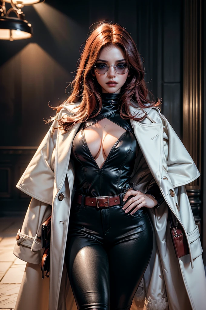 (cowboy shot), a beautiful young woman with long red hair, lora_Emma, ((black high waist leather pants)), ((formal white top with cleavage)), decorated waist belt, ((a white fur coat)), reflective silk scarf, (red shaded sunglasses), (best quality,4k,8k,highres,masterpiece:1.2),ultra-detailed,(realistic,photorealistic,photo-realistic:1.37),detailed face, detailed eyes, detailed lips, long eyelashes, beauty, fashion, portrait, glamorous, elegant, studio lighting, dramatic lighting, high contrast, vivid colors, cinematic, ((coat on shoulders))