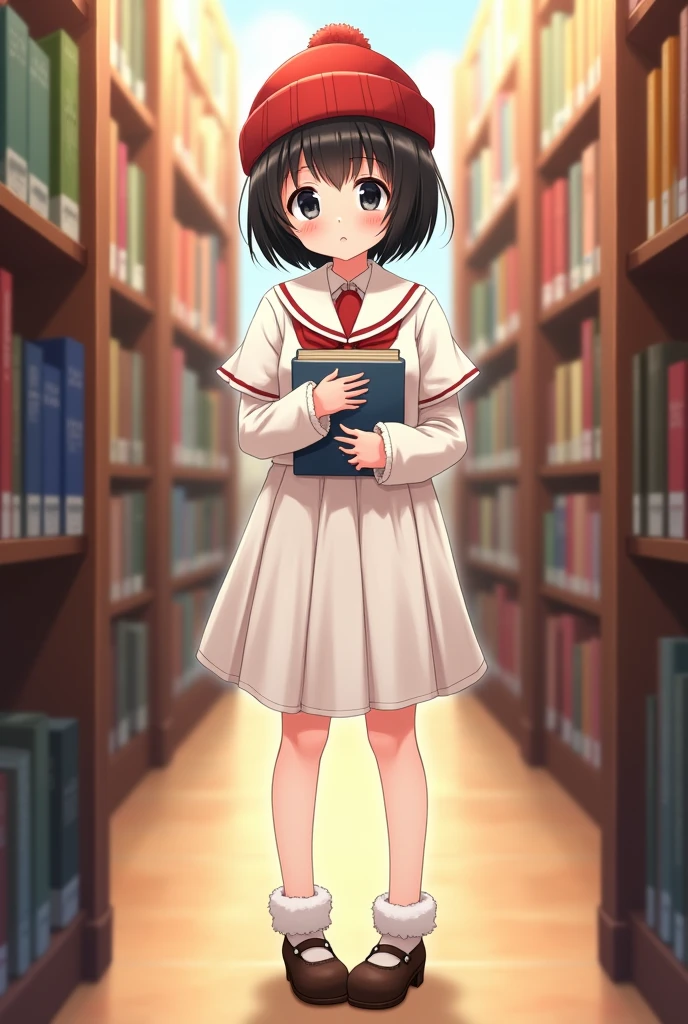 anime girl, high school students, charming, short black hair no bangs, black eyes, wearing a white shirt, red tie, white knee-length skirt, white fur socks, Japanese school shoes, wool hat red, blush, shy, holding books, in library