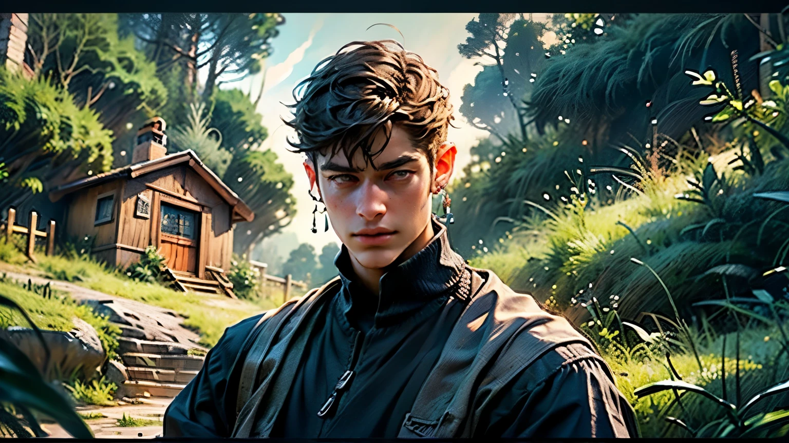 A humble-looking young man stands on the edge of a small isolated village, surrounded by dense forests. The sky is cloudy, with signs of a storm approaching. The village is simple, with wooden houses and narrow paths, reflecting a peaceful yet secluded life. (Shiny Egyptian Ornaments),High Resolution,Sharp Focus,(Ultra Detailed,Extremely Detailed), (Boy),(Photorealistic Art:1.37),(Extremely Detailed CG Unity 8k Wallpaper),(((Vibrant Colors,Vibrant Theme))),(Intricate),(Artwork),(Best Quality),Artistic Photography,(Photograph Taken By Sldr),(Intricate Background),Perfect Rendered Face,Perfect Face Details,Realistic Face,Photorealistic,(((Intricate Detail)),(((Realism)))