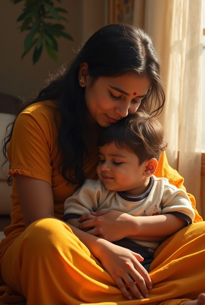 An Indian mother is very cute sitting with her son on her lap original quality real image 