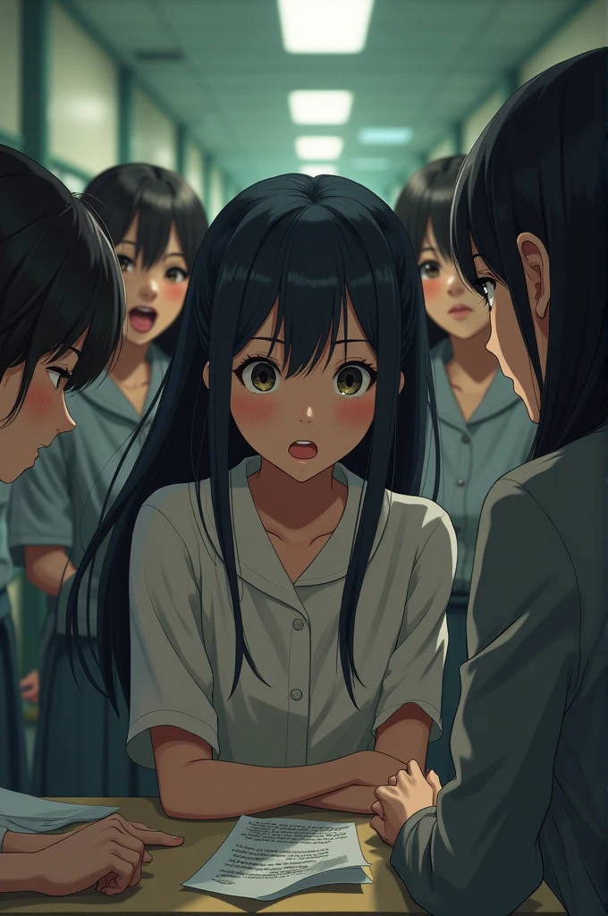 Generate an image based on the following storyline There was a group of girls in Qin Mei’s class, led by the notoriously mean-spirited Chen Li, who had taken a disliking to her. They would whisper behind her back, leave cruel notes in her desk, and sometimes even trip her in the hallways when no one was watching.. Wang Rui was friends with these girls—Qin Mei had seen him laughing and joking with them on several occasions—but he didn’t seem to know about their bullying.