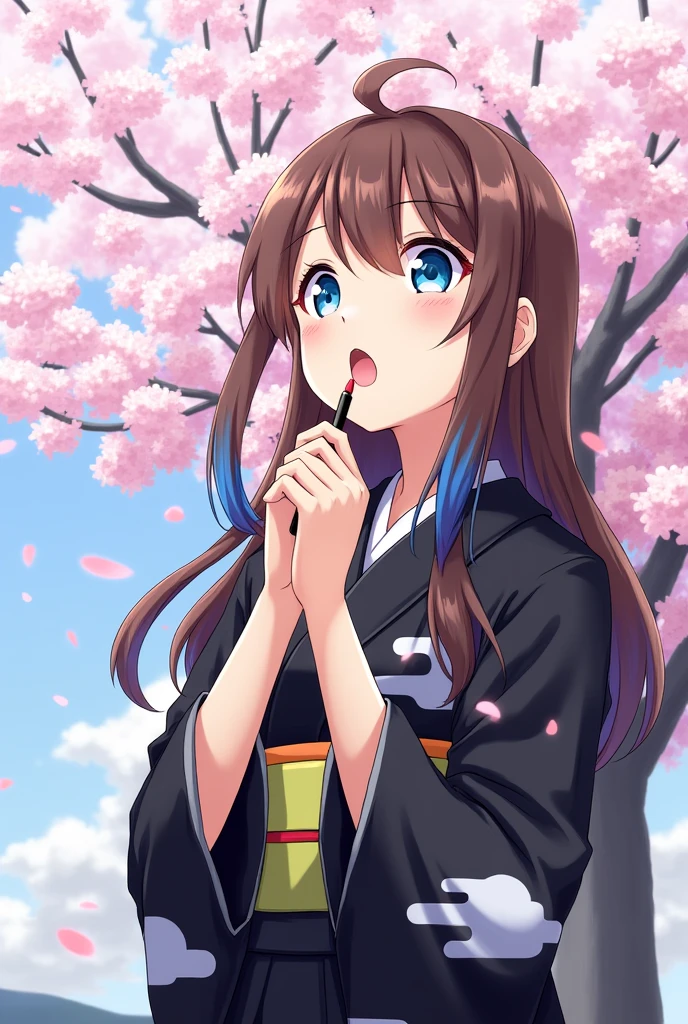 Create a Kimetsu no Yaiba style image of the same type of drawing, of a girl with brown hair, long and blue tips with sakura tree background, amazed to learn something, She had a black kimono with cloud prints and her eyes were blue. She was painting her lips with lipstick. She was already a 1. 