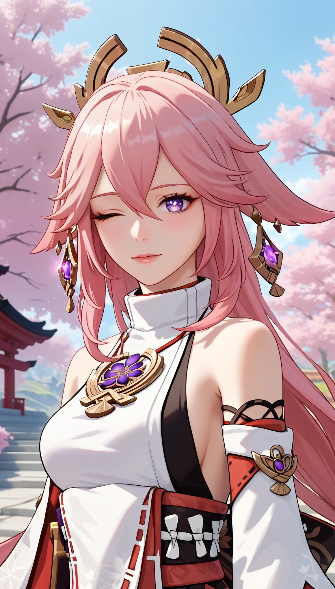 score_9, score_8_up, score_7_up,source_anime, high res image,masterpiece,(best quality:1.5),girl,cute face,clear skin,yae_miko_genshin,heart eyes, (upper body), (standing), (pink hair), jewelry, Earring, kimono, absurddress, Glowing skin, oil skin, ferpect lighting, detail face, detail eyes, detail skin, detail color, (Japanese temple background), outdoor, Tree, (looking at viwer), (One eye closed),
