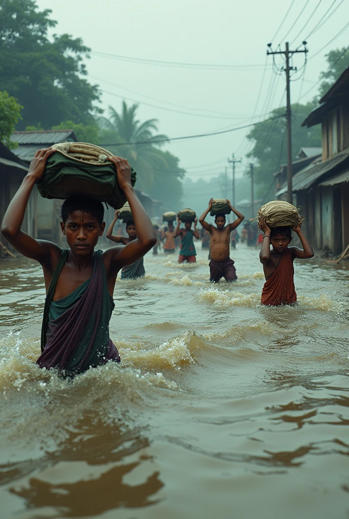 Bangladeshi people in the hard situations for flood they are swimming