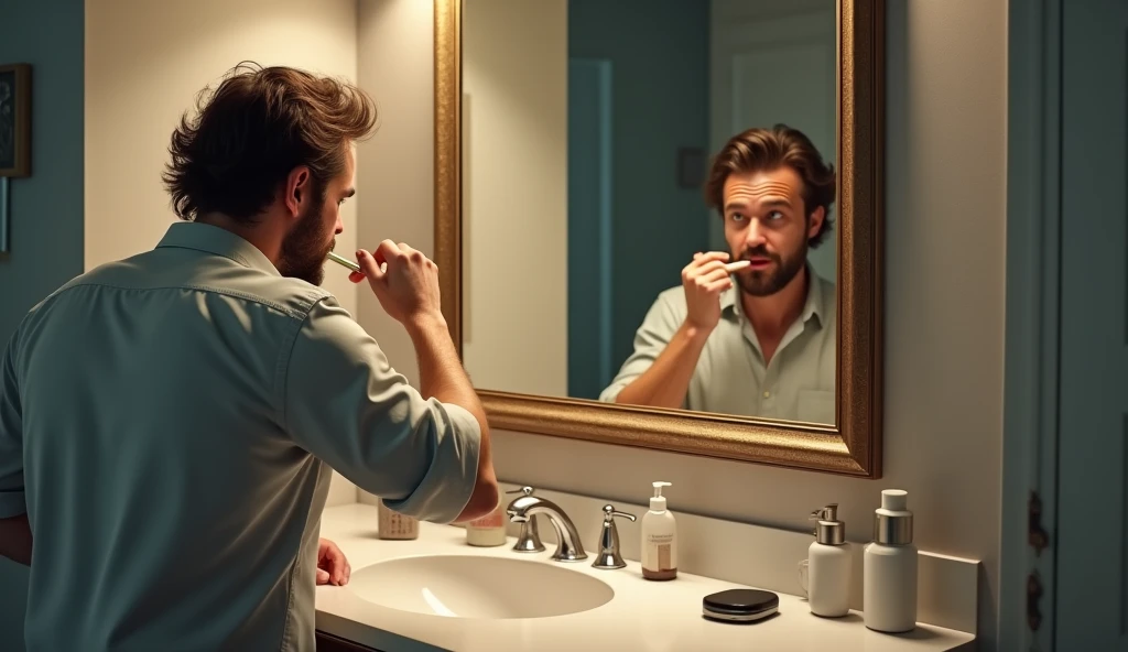 Man brushing his teeth in front of the mirror