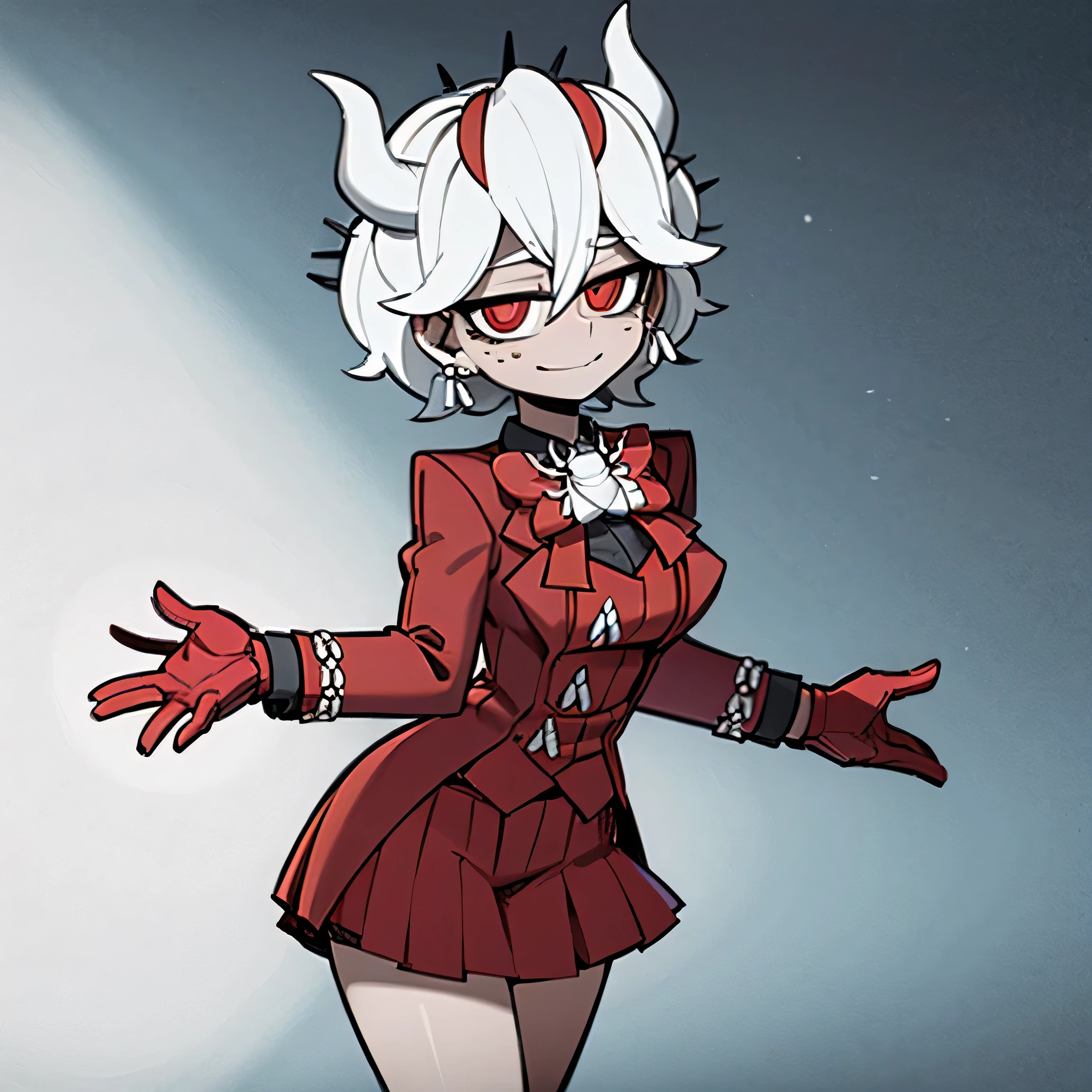 beelzebub(helltaker), red bowtie,1girl, looking at viewer, red eyes, demon horns, white hair, smile, earrings, closed mouth, demon girl, red gloves, gloves, jewelry, horns, white horns, solo, hair between eyes, cowboy shot, solo, short hair, school uniform, skirt, standing, leaning forward, arms behind back, smile, classroom