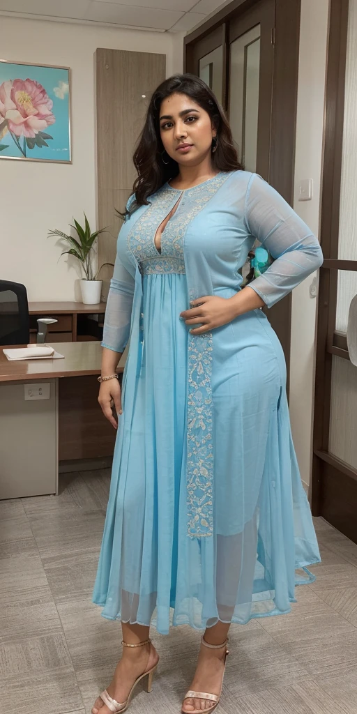 Day scene, A radiant, full-figured South Indian 3 aunty a light blue colour chiffon fully transparent kurta, bra visible through kurta, ,standing, in a office captured in a full-body image with vibrant hues and meticulous details. Full body image