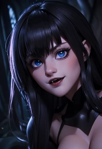 Close-up of a vampire, blue eyes, voluminous lips ,long fangs teeths , in its natural and wild environment, 