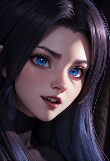 Close-up of a vampire, blue eyes, voluminous lips ,long fangs teeths , in its natural and wild environment,