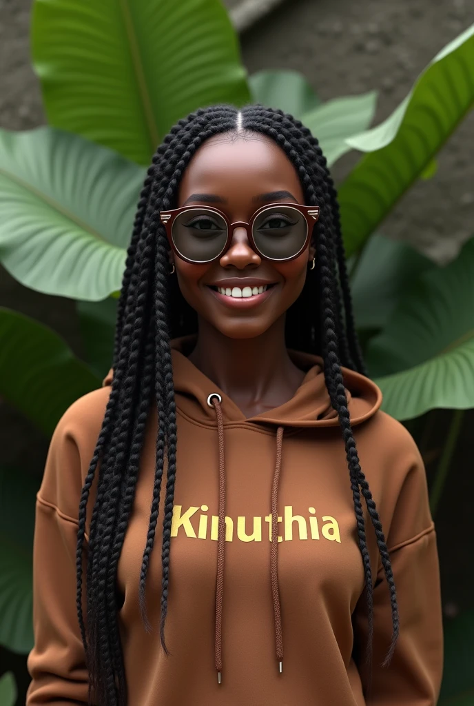 (photorealism:1.2), beautiful black African woman,22 years,small low bridge nose,sharp boobs, oily smooth shiny skin,smiling,wearing a fitting brown hoodie written "KINUTHiA",long braids, black oversized round photo chromatic glasses with grey lenses, standing , realistic indetails,plants in background.North west inspiration