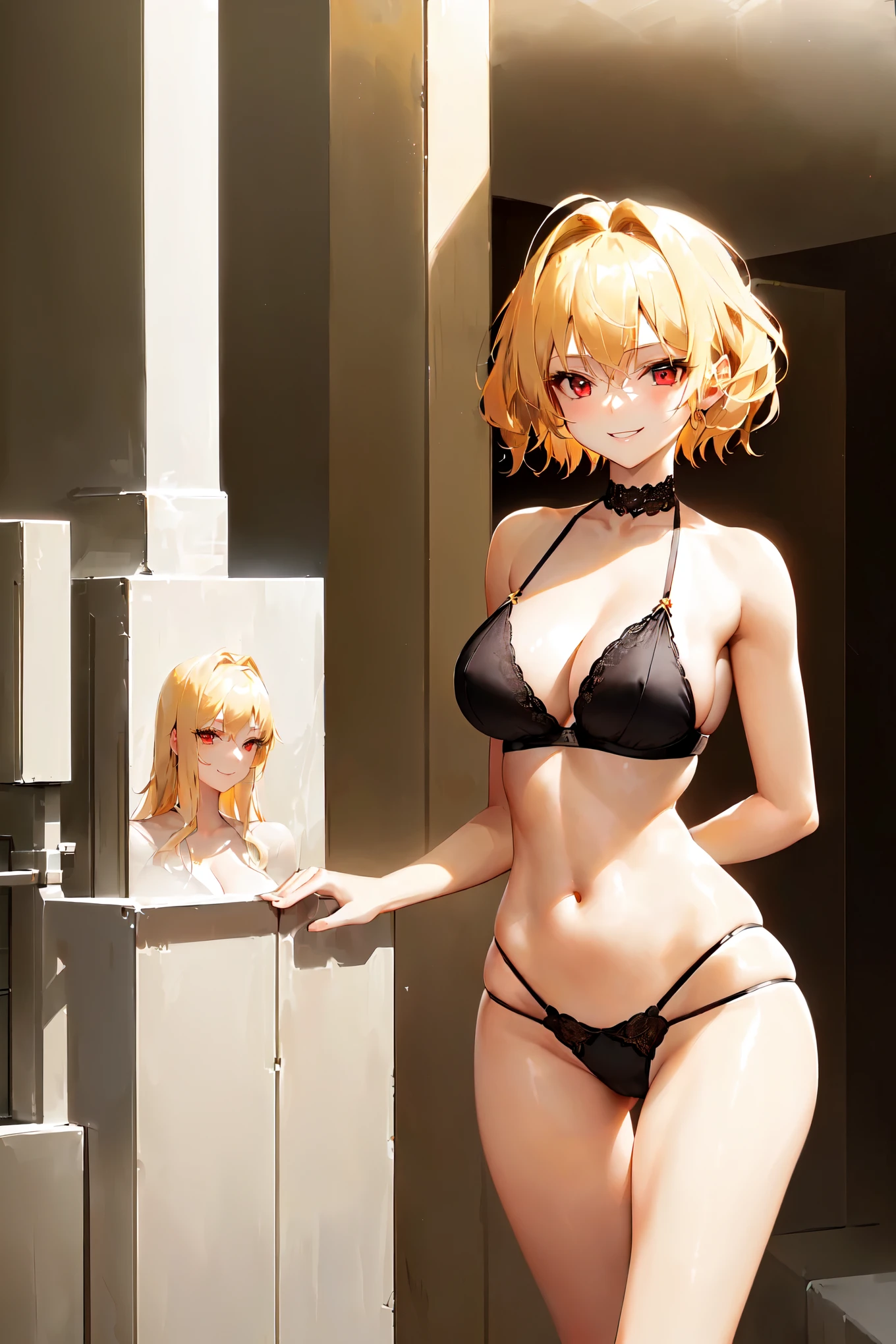 20 year old woman short golden blonde hair. angelic face. red eyes, White skin. its height is 1,70 meters and has a detailed physique. large and firm breasts. , Skinny body, black lingerie tight panties, GOOD,, straight and firm posture, Looking towards the camera. with a smile