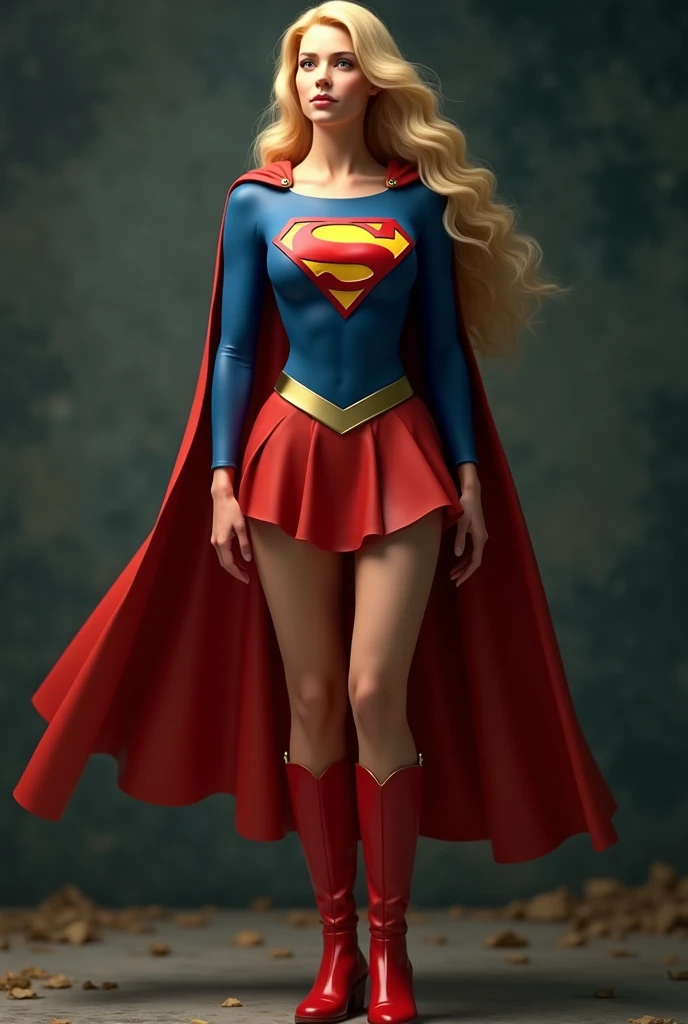 THE ORIGINAL 1950S SUPERGIRL WEARING A 1950'S SUPERGIRL COSTUME AND CAPE, HYPER REALISTIC.