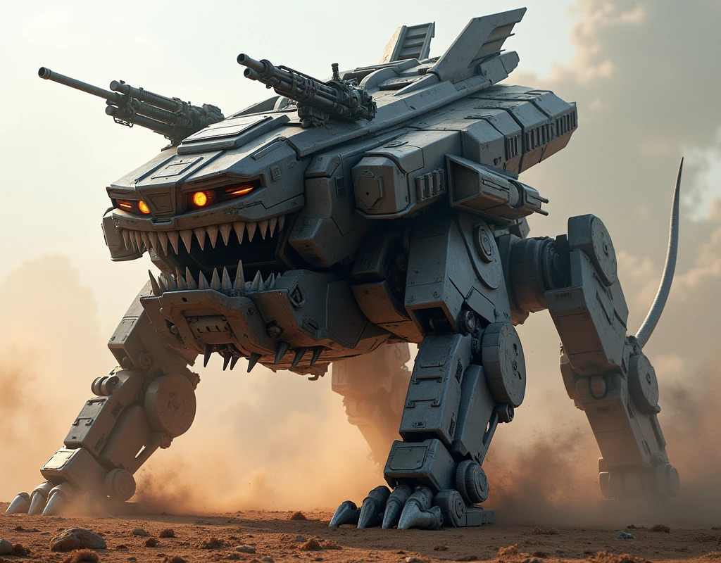 nsfw、masterpiece, Highest quality、10 meter class、Charge、Assault、Struggle、(Vehicle Weapons)、Forward tilt、(Machine Beast、Quadrupeds、4 feet、On all fours、Running on four legs)、Metal Fang、Dual Visor Eyes、metal claw、Whiptail、Fin Stabilizer、Rear cockpit hatch、Charge砲、Twin guns、diagonal、